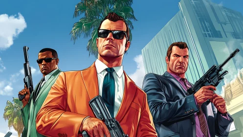 Concept art triad of armed suited antiheroes in urban sunscape.
