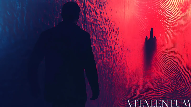 Silhouetted figure approaches glowing red fingerprint wall