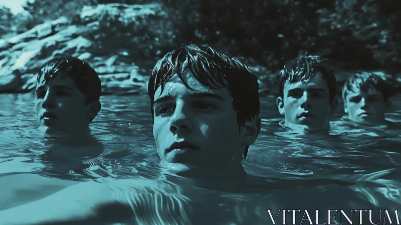 Four teenage boys stand neck-deep in calm outdoor water