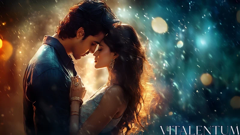 Romantic Couple Embraced in Luminous Bokeh Rain.