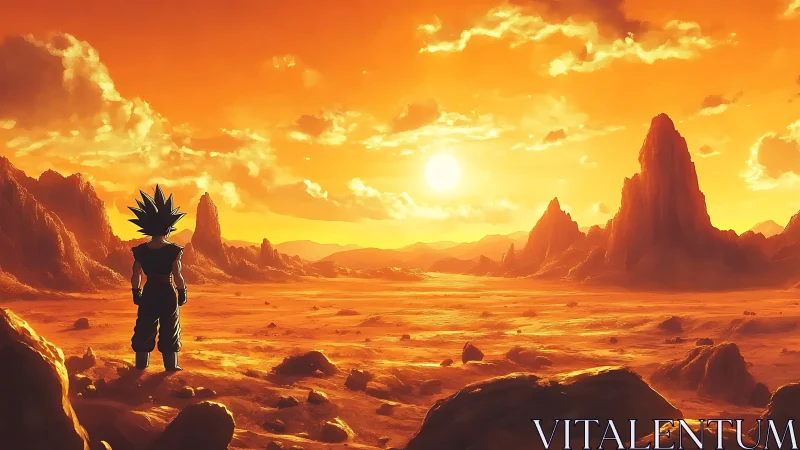 Saiyan warrior surveys blazing extraterrestrial desert horizon.
