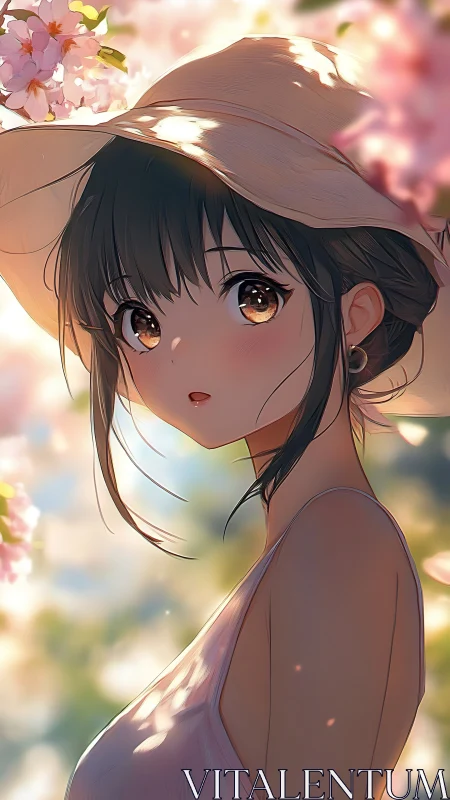 Sunlit blush girl beneath wandering cherry petals.