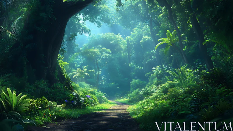 Enchanted Forest Path Through Luminous Emerald Canopy.