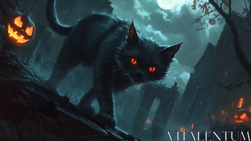 Black cat with glowing eyes in moonlit Halloween street.