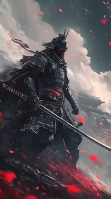 Armored samurai warrior stands with drawn katana in storm