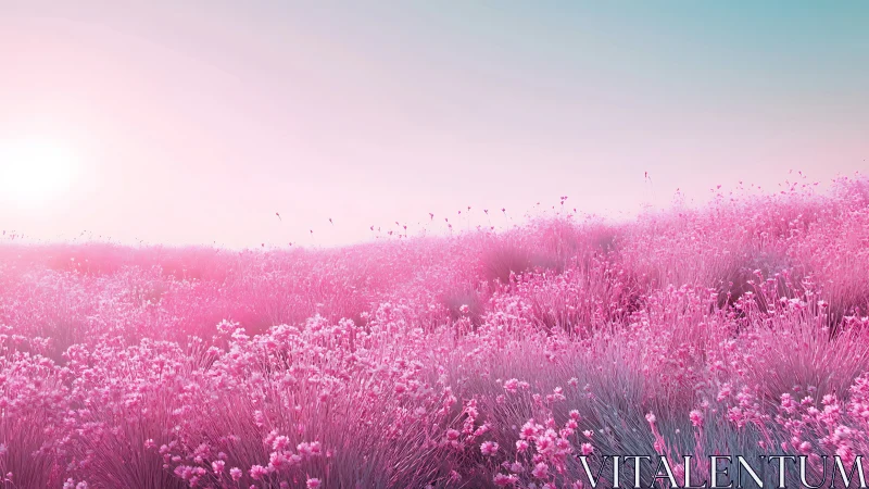 Pink wildflower meadow under pastel sunrise glow.