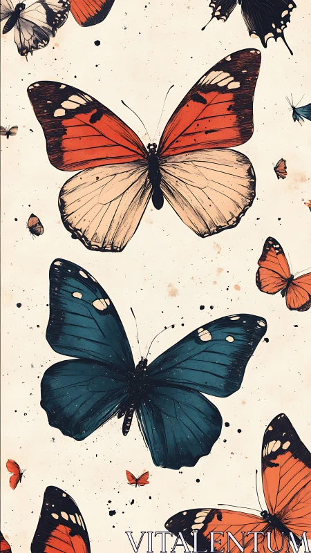 Butterflies drift across an ink-splattered cream sky.