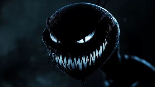 Sinister black creature with glowing teeth in cold light.