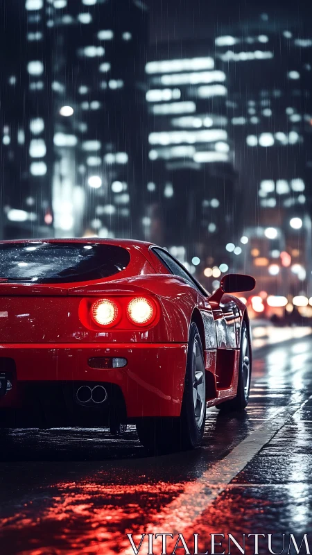 Red sports car on wet city street at night in rainfall.