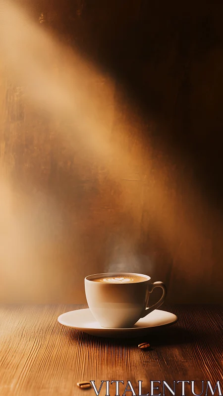 White coffee cup on saucer in warm directional lighting.