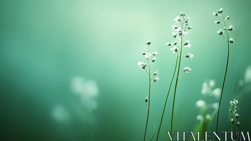 Delicate wildflower stems sway softly in a tranquil teal haze