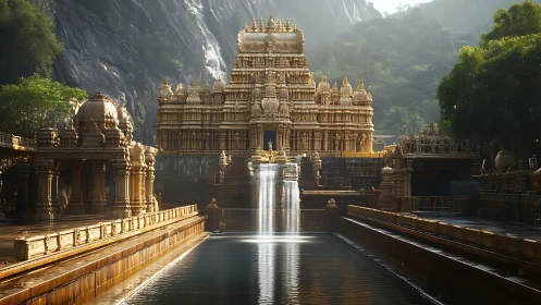Golden temple complex with central cascading waterfall.
