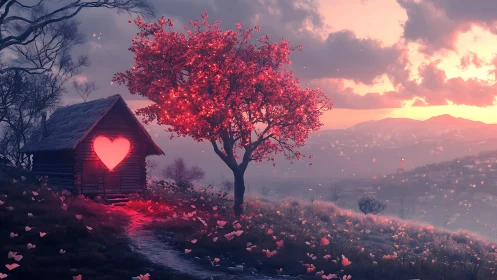 Heart-Lit Cabin Under Crimson Bloom at Sunset.