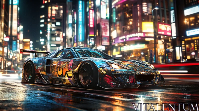 Graffiti race car slicing through neon city streets at night.