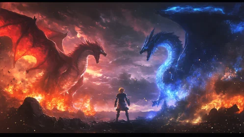 Hero between fire dragon and ice dragon at dusk battlefield.