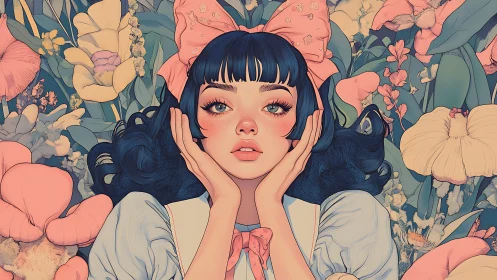 Stylized portrait of girl with bow amid large pastel florals.