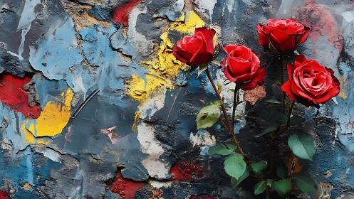 Crimson Blooms Against Decayed Urban Canvas.