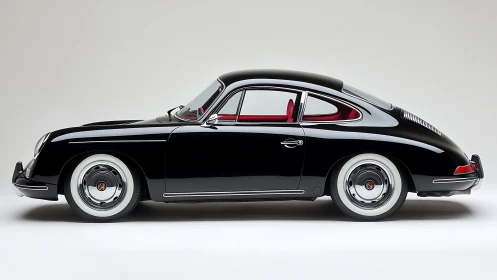 Glossy black classic coupe stands in a clean studio setting