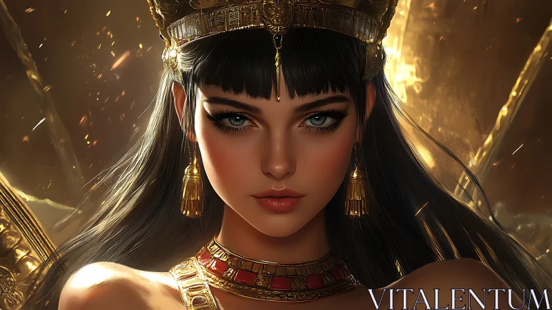 Golden gaze of a modern Egyptian queen in warm light.
