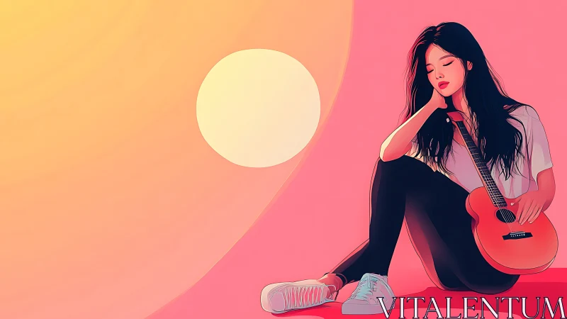 Soft sunset chords cradle a dreaming girl in coral light