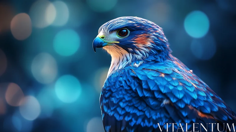 Majestic Blue Falcon Portrait with Vibrant Bokeh Background.