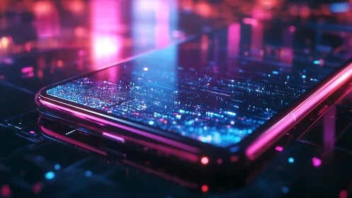 Neon-lit smartphone surface visualizes dense quantum data grid