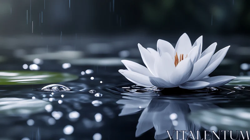 Rain-kissed lily drifts through moonlit ripples of quiet.
