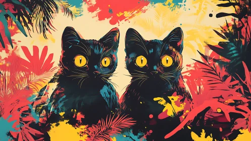 Twin Black Cats with Luminous Eyes in Vibrant Tropical Composition