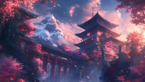 Twilight cherry blossoms crown a mountain temple in misty bloom