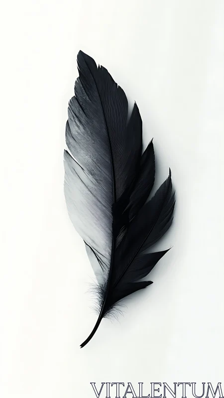 Black feather rests on white background in stark contrast.