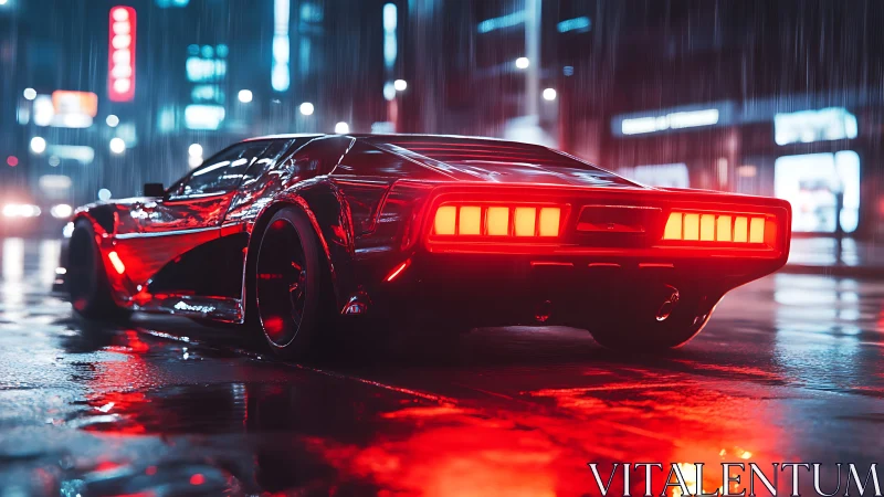 Cyberpunk supercar rear view in neon rain soaked night street