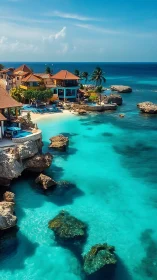 Cliffside Caribbean resort overlooks turquoise coral lagoon.