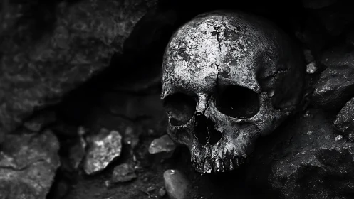 Weathered human skull embedded in dark fractured rock wall.