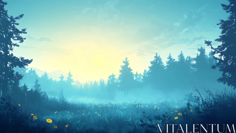 Misty Forest Clearing at Dawn with Yellow Wildflowers