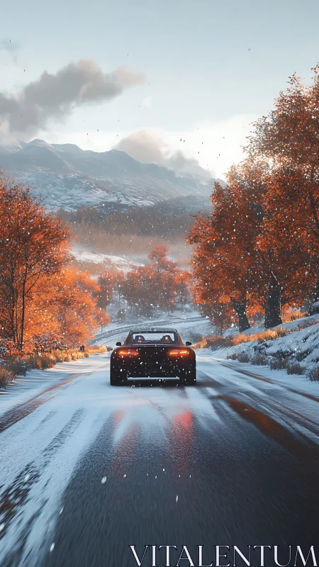 Crimson trees escort a lone car through first winter snow.