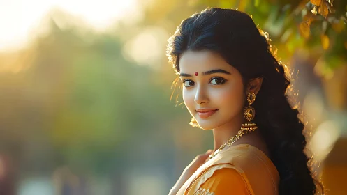 Backlit portrait of woman in saffron saree with gold jewelry