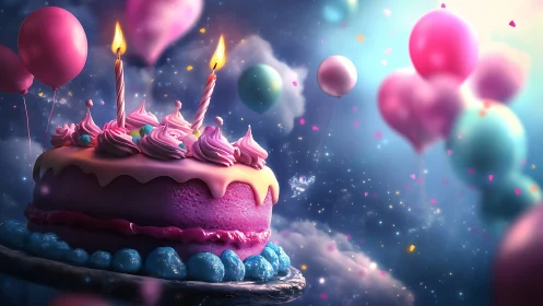 Luminescent Birthday Cake in Dreamlike Fantasy Realm.