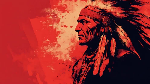 Portrait of an elder in feathered headdress against red sky.