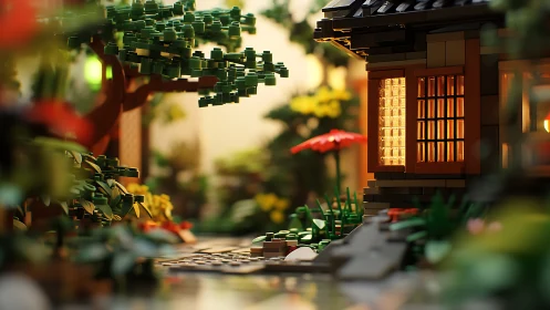 Lego Japanese garden scene uses cinematic depth of field lighting