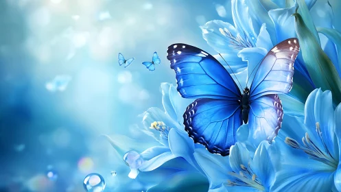 Gentle blue butterfly resting softly among dreamy blossoms.