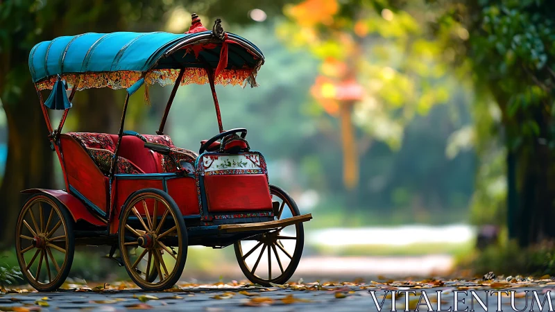 Vintage red rickshaw under teal canopy on leafy pathway.