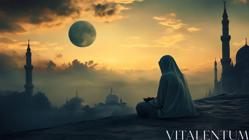 Solitary prayer unfolds beneath an otherworldly crescent moon