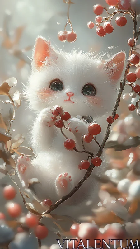 Luminous White Feline Among Crimson Berries and Winter Glow.