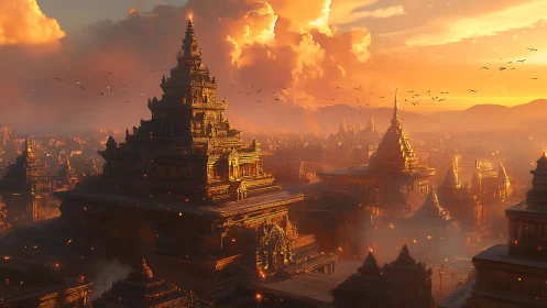Sunlit temple megacity rises through glowing dusk haze