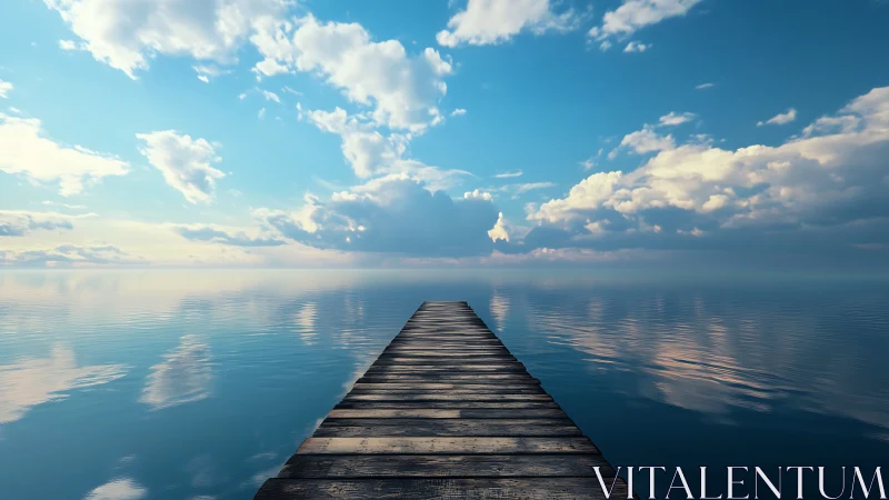 Quiet wooden pier stretching into soft blue horizon sky.