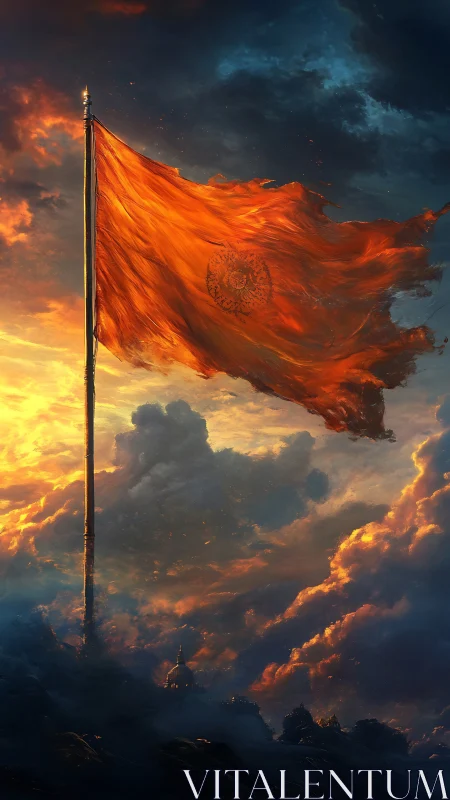 Orange flag billows on tall pole against dramatic sky.