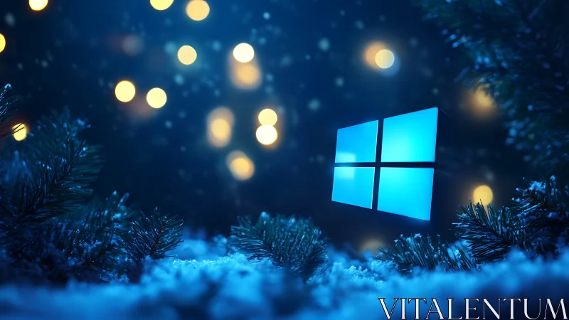 Glowing blue window logo hovers over snowy pine branches