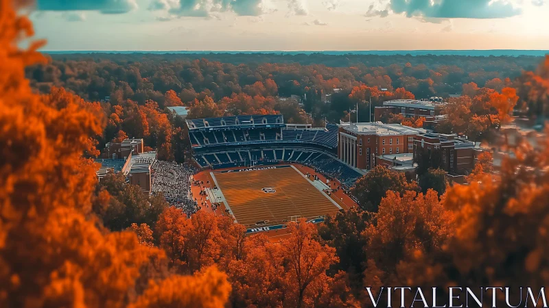 College football stadium in autumn forest landscape.