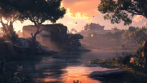 Sunlit post-apocalyptic river settlement under warm haze.