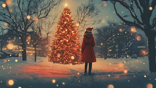 Quiet winter evening with a glowing Christmas tree.